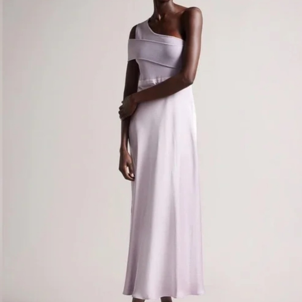Ted Baker lilac silky satin Elegant Lavender One-Shoulder slip dress Gown small - Picture 6 of 6